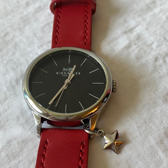 Coach: Red Leather Strap Watch- Silver Tone- Star Charm main image 12